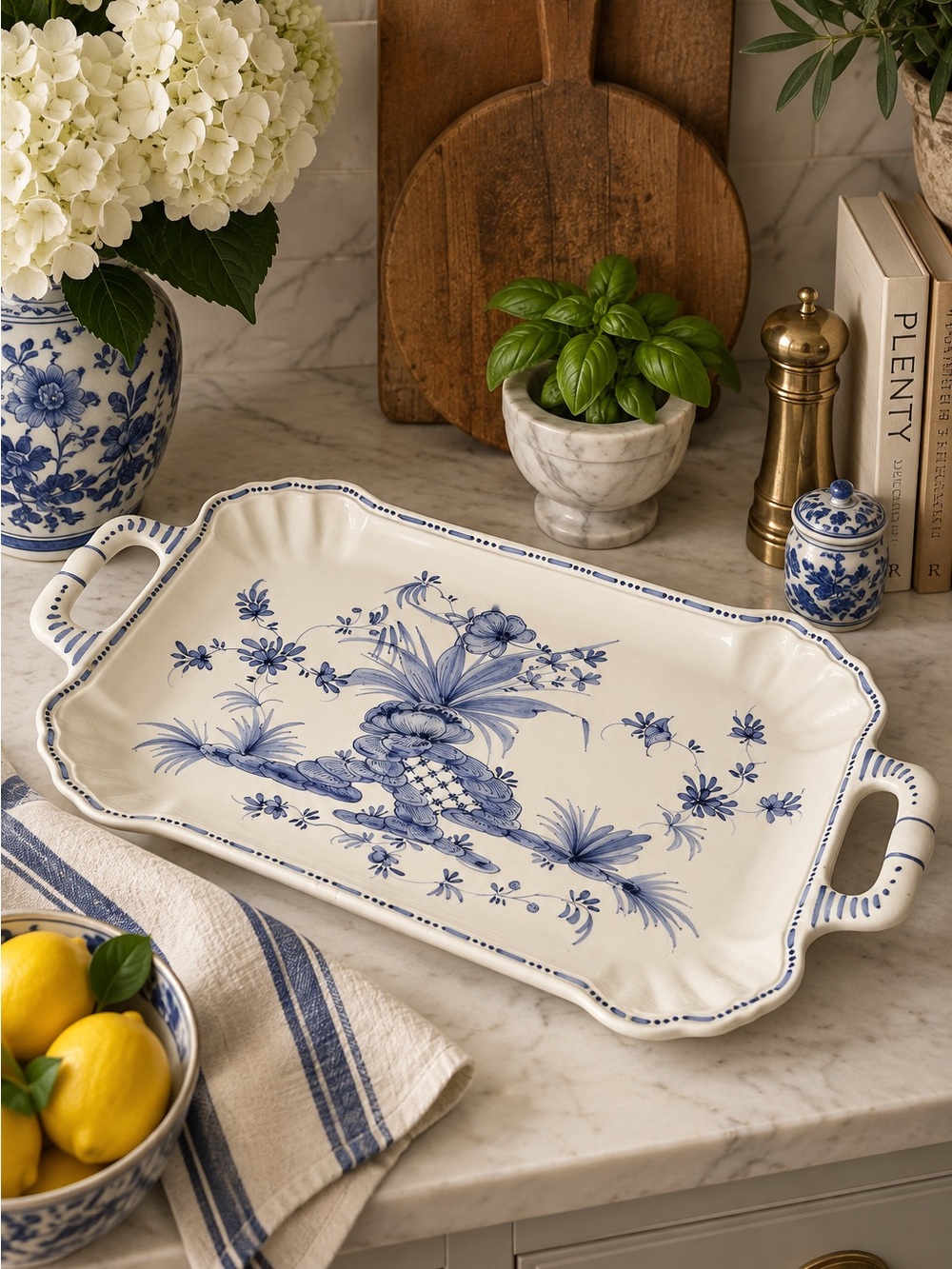 Vintage Italian V. Bassano Hand Painted Blue & White Ceramic Serving Tray